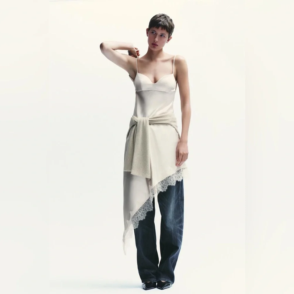 Zara Satin Lace Trimmed Slip Dress in Champagne and Ivory - Picture 9 of 10